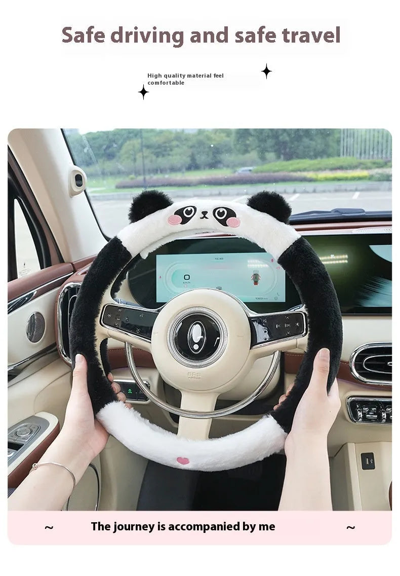 Plush car steering wheel cover with embroidered animal design for winter thermal insulation