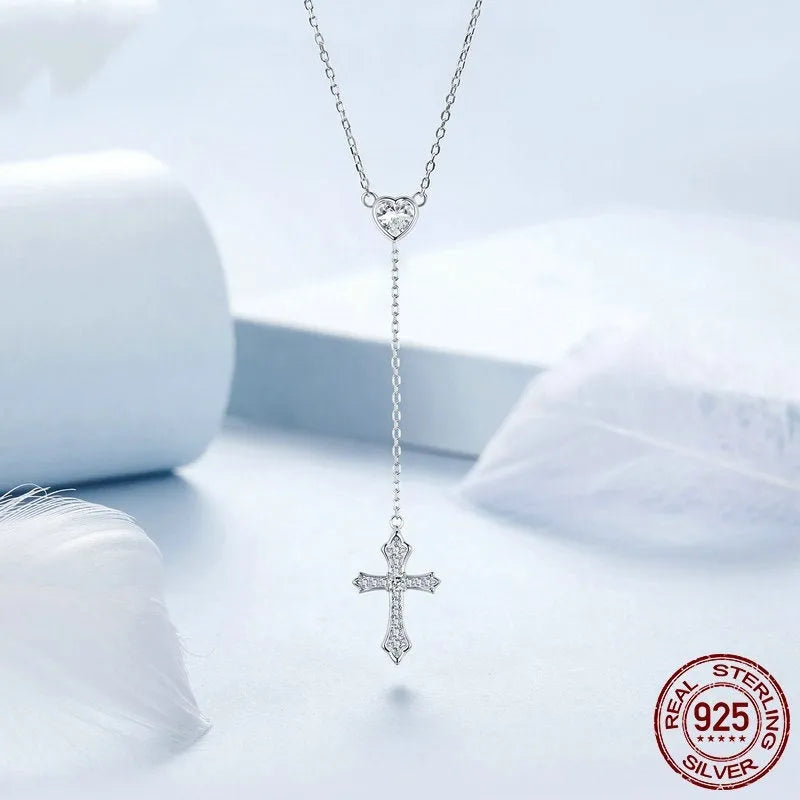 Silver love cross pendant necklace on O-ring chain for women, colour BSN384.