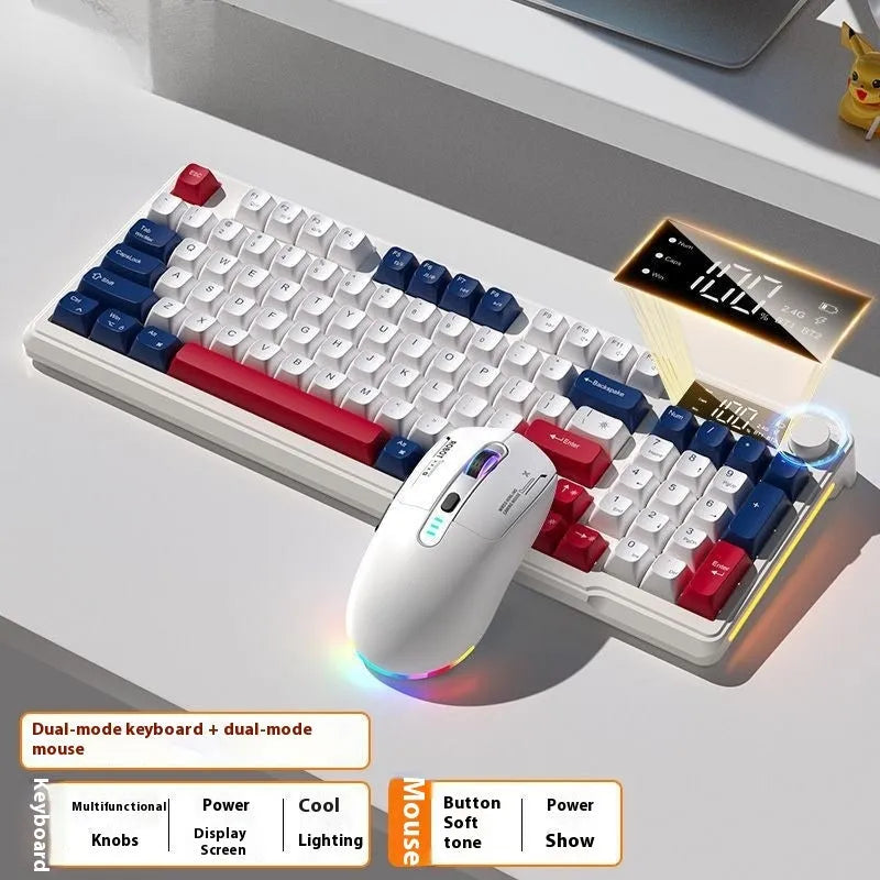 Wireless mechanical-feel keyboard and mouse in a two-tone colour option, showing Type-C cable and connectivity switches.