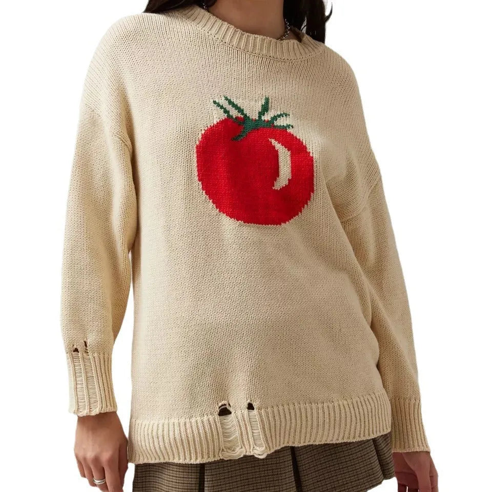 Women's milky white beige acrylic Jacquard pullover sweater with round neck and long sleeves.