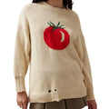 Women's milky white beige acrylic Jacquard pullover sweater with round neck and long sleeves.