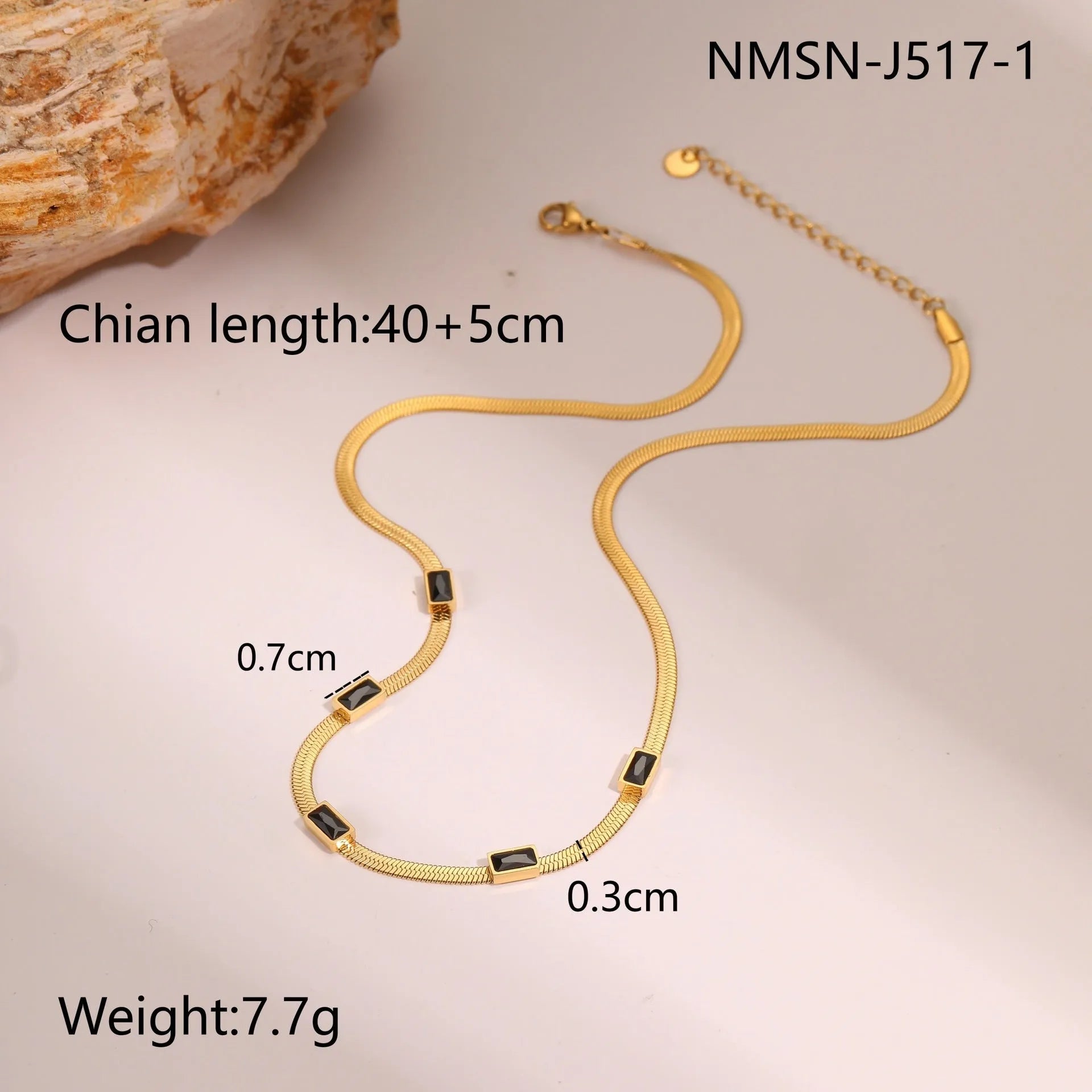 Geometric square zircon stainless steel necklace with flat snake chain in gold or steel colour