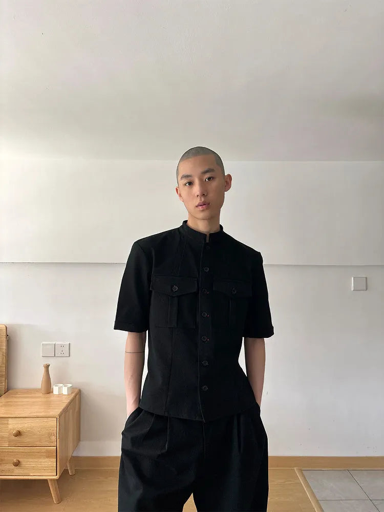 Black handmade hunting shirt with half sleeves and shirt collar, loose fit for outdoor wear