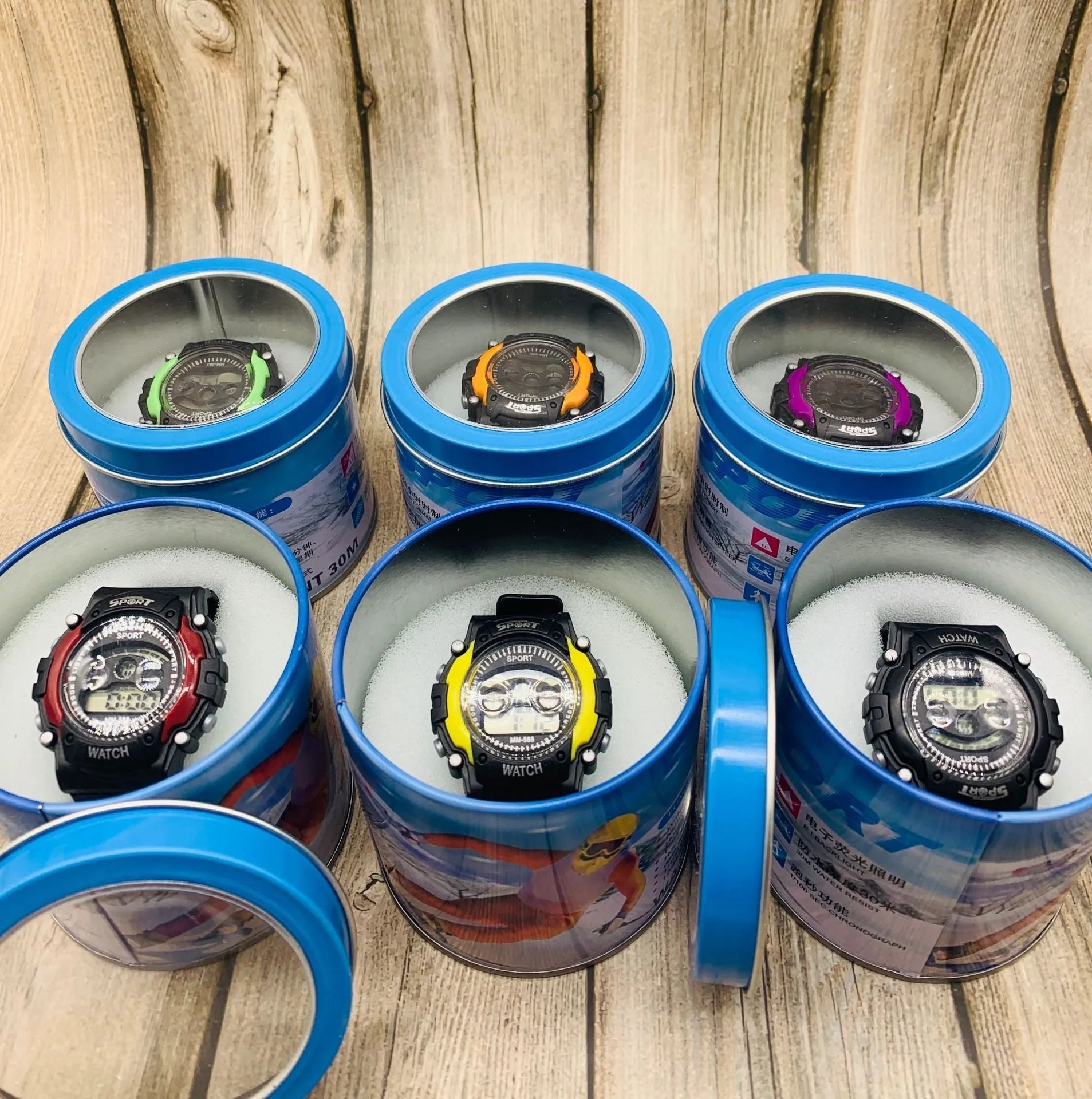 Digital sports watch for students with mixed colours, silicone strap, and waterproof construction