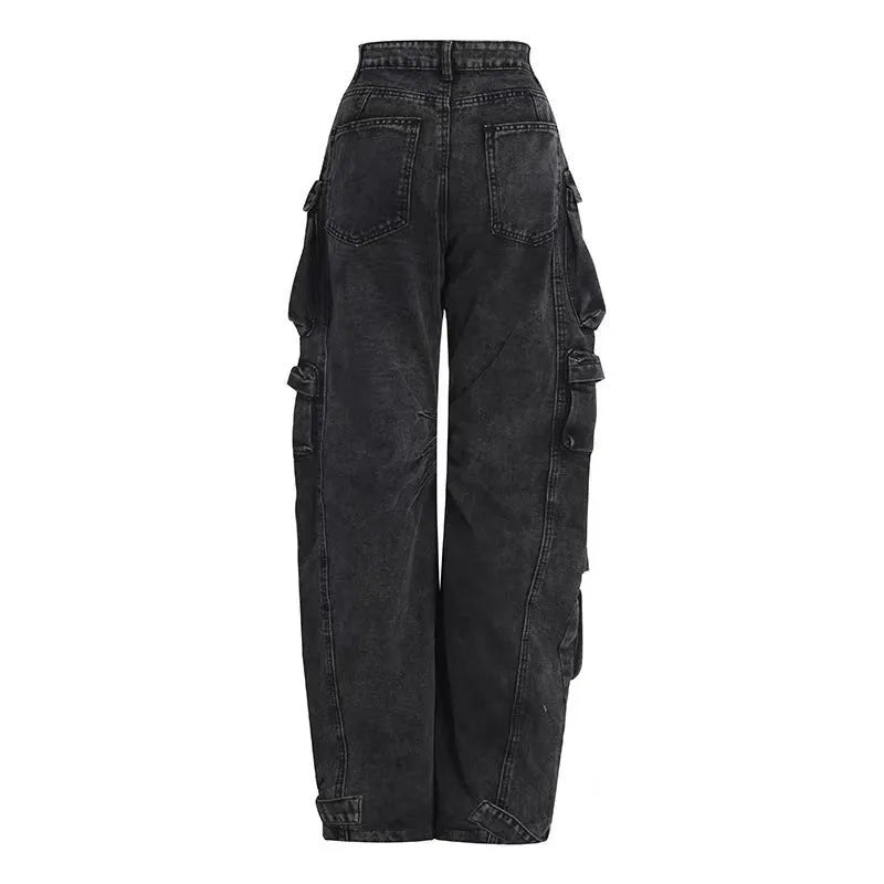 Women's high waist wide leg denim trousers with multiple pockets in tie-dyed blue colour