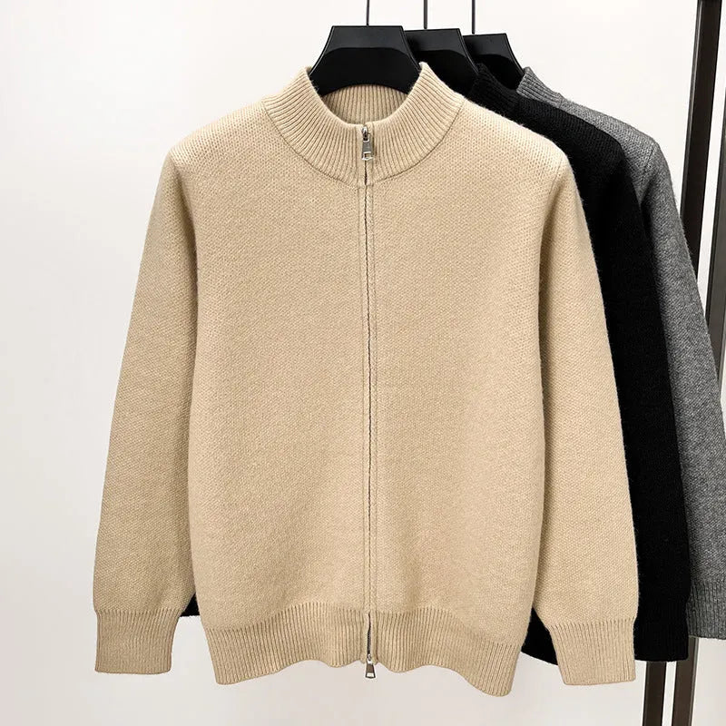Men's black stand collar knitted cardigan with front zip closure in loose fit