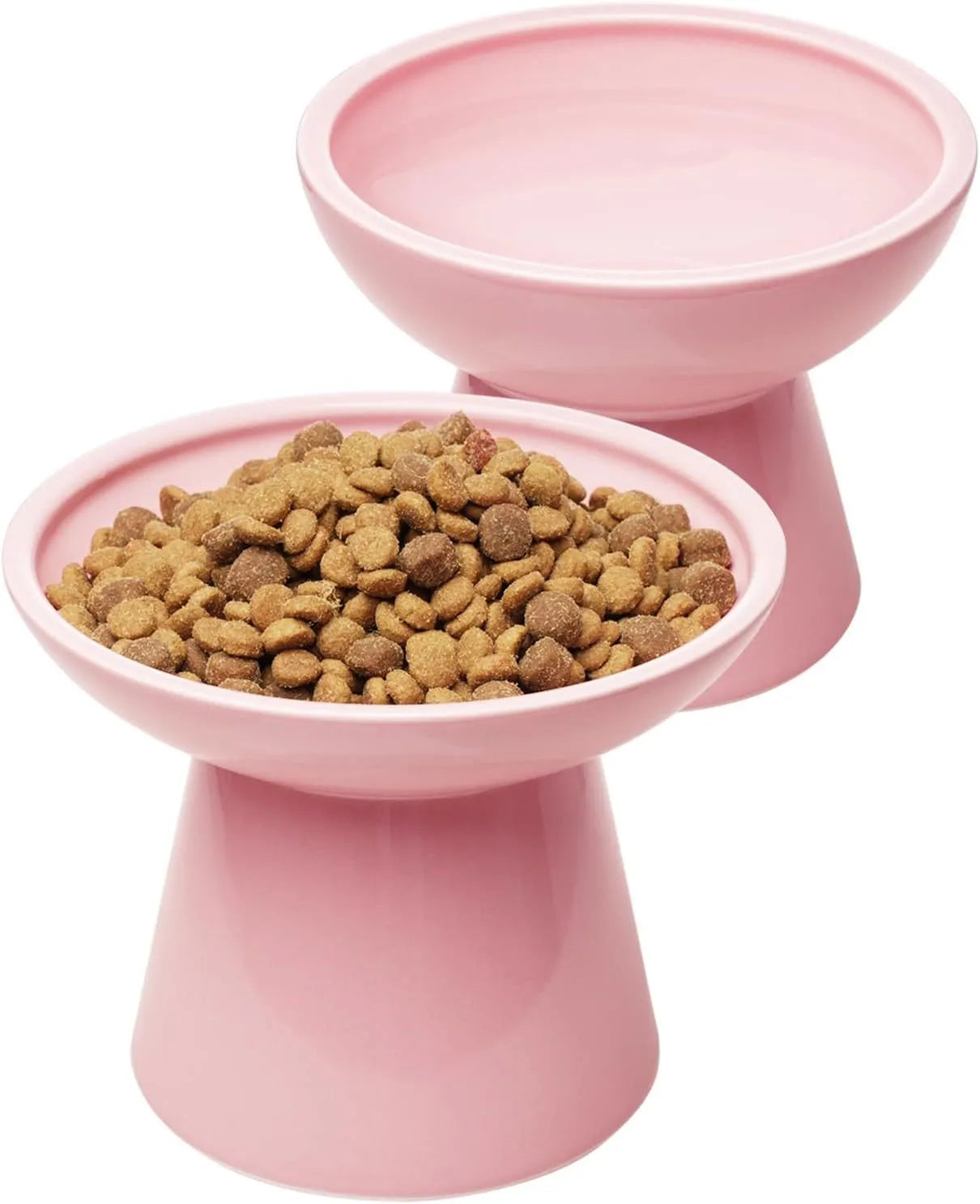 Blue ceramic elevated cat food bowl with wide shallow design next to a matching water bowl.