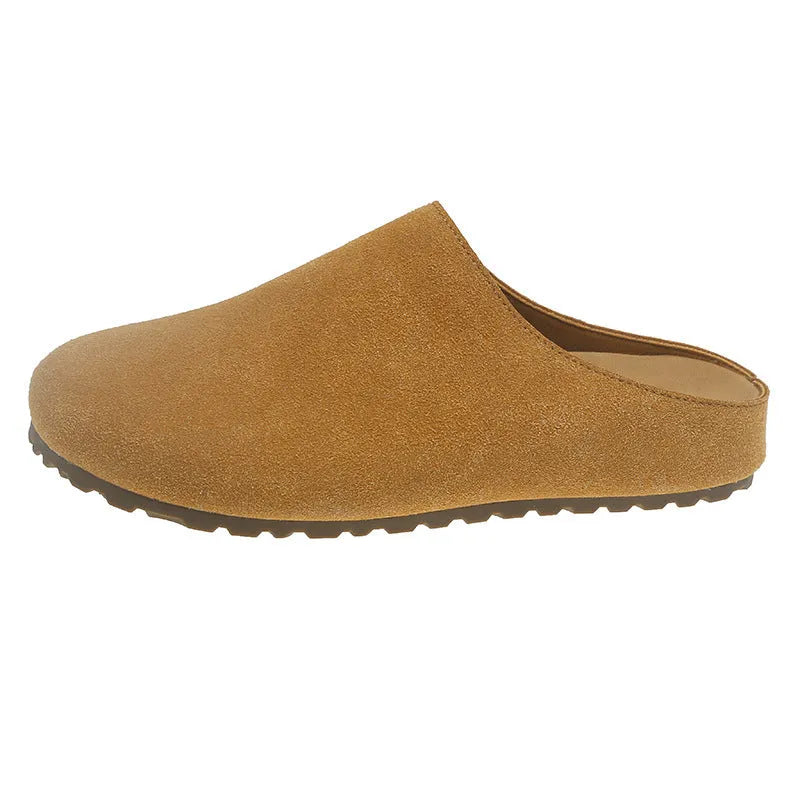 Women's outdoor slippers in apricot colour with microfiber upper, flat slip-on design, and square toe