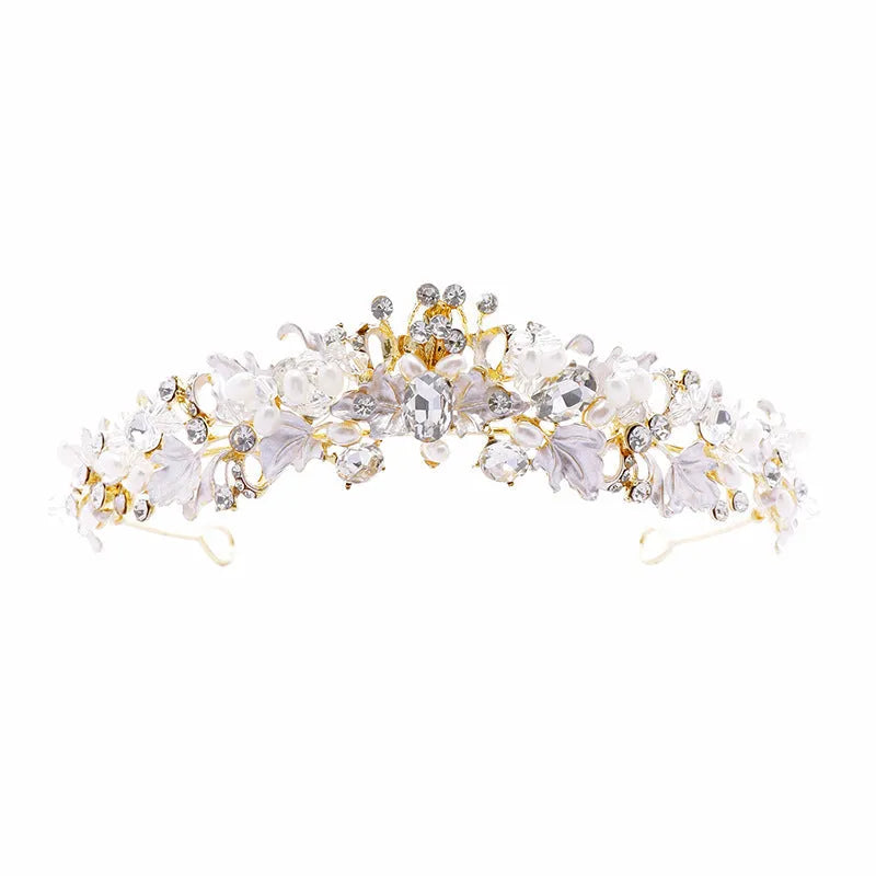Pearl crown headdress for women in gold or silver alloy with electroplated finish