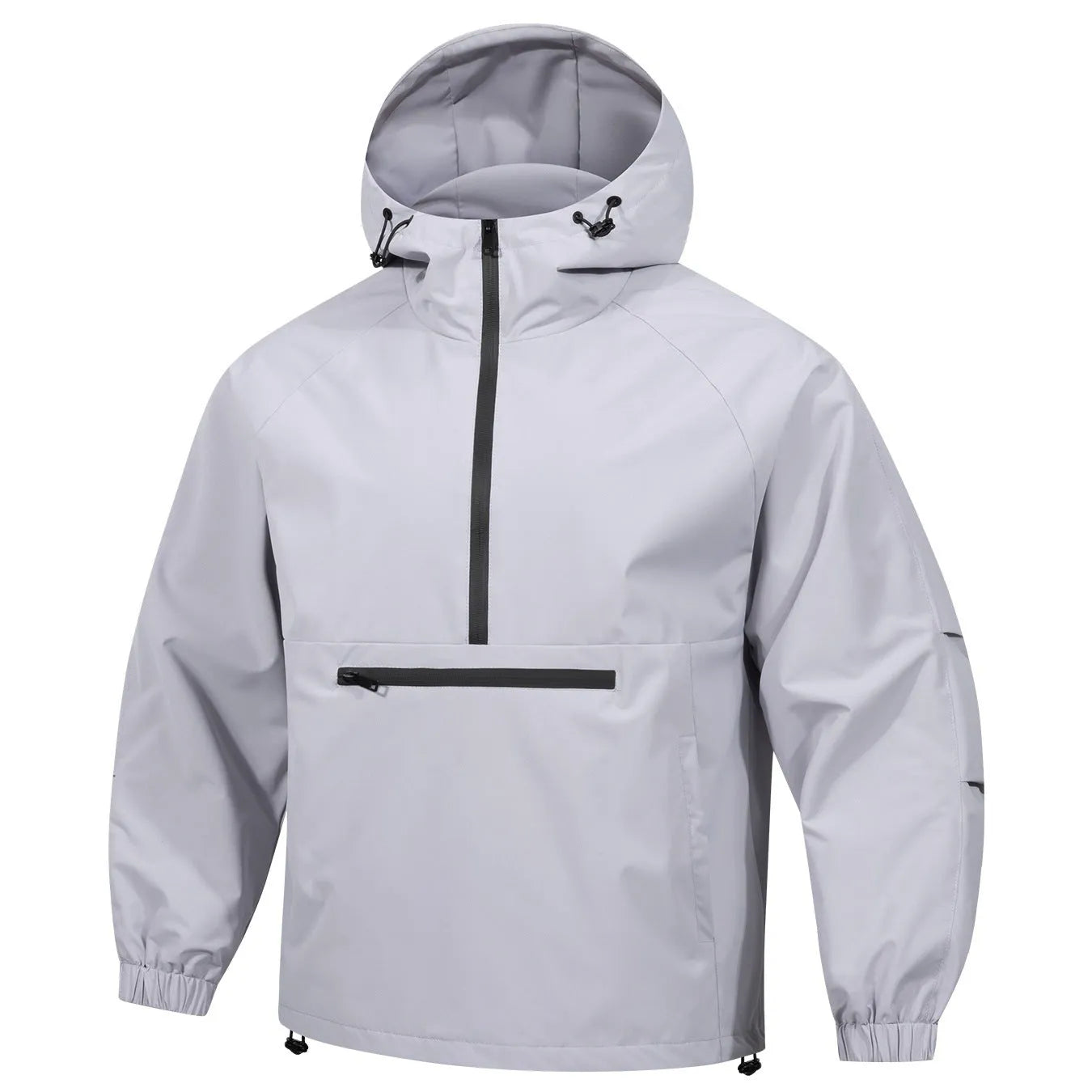 Men's light grey loose half-zip hooded corduroy jacket on a hanger