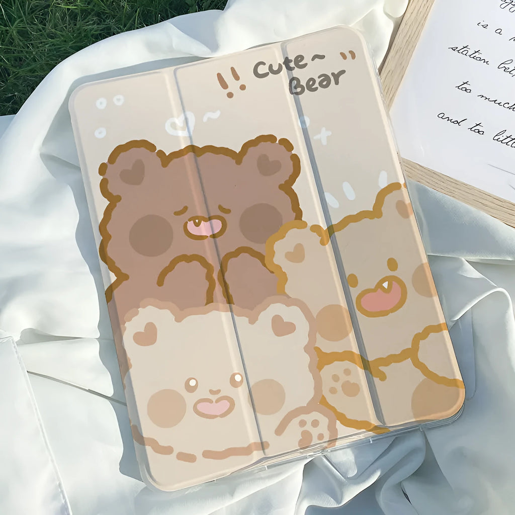 Cartoon style silicone tri-fold protective case for Apple iPad in standing position.