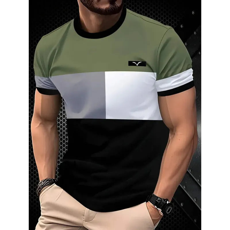 Man wearing a loose-fit short sleeve t-shirt with a raised digital 3D printed stripe pattern in blue.