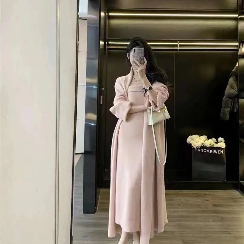 Grey women's knitted cardigan and long dress suit set with flocking detail.