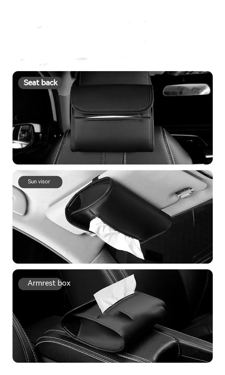Leather car tissue box with elastic band for mounting on car seat or sun visor