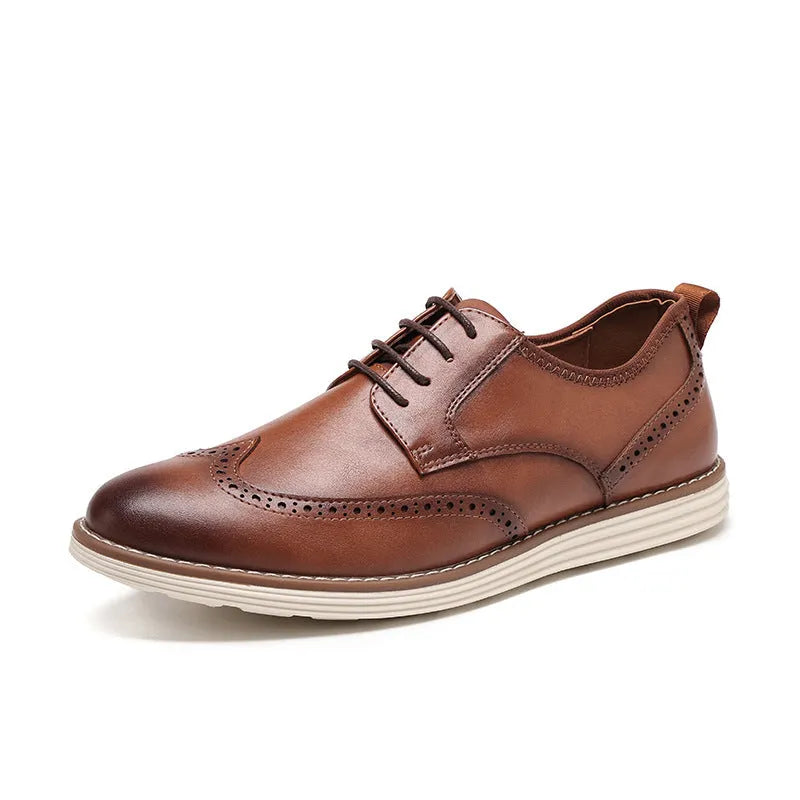 Men's black slip-on business casual shoes with decorative carved detailing and TPR soles