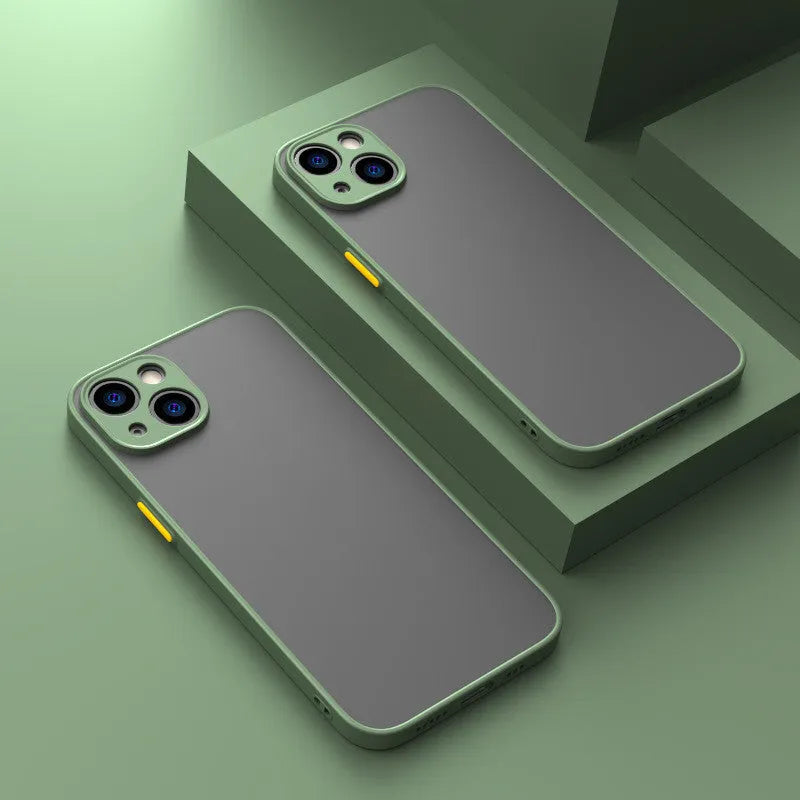 Frosted hard protective iPhone case with fine-hole skin-sensing texture in dark night green colour.