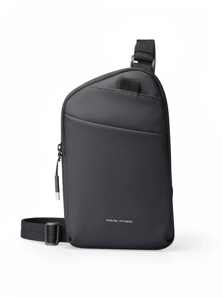 Men's elegant black Oxford cloth crossbody bag with sewing thread detail