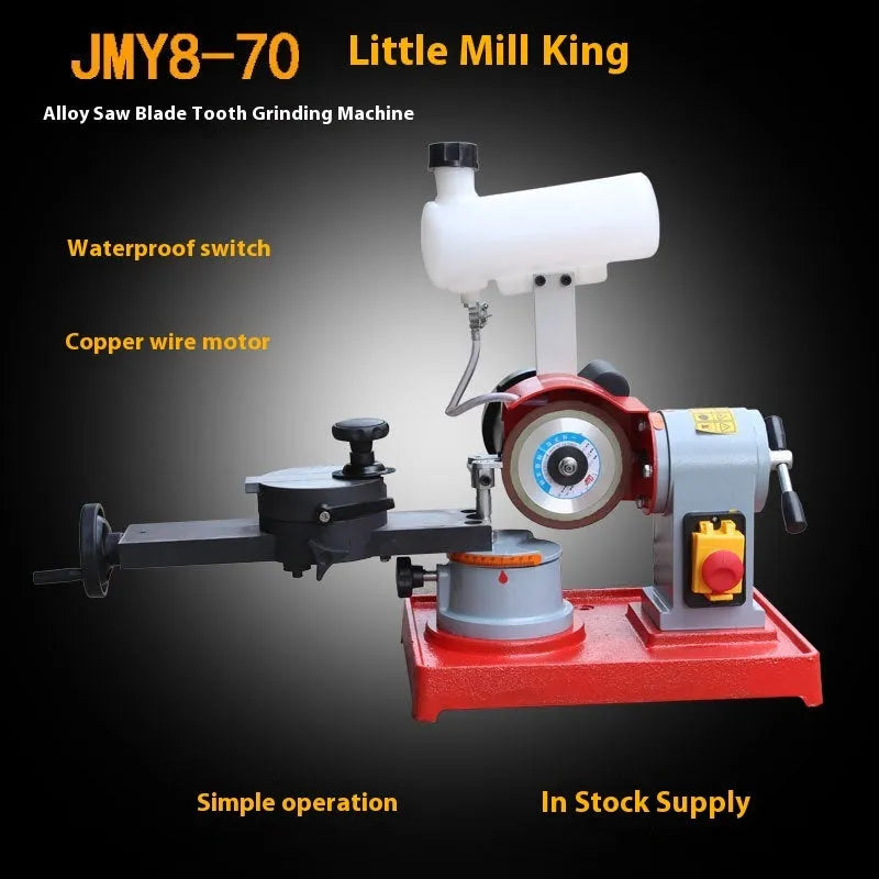 Manual gear grinding machine for sharpening alloy circular saw blades on a workshop bench.