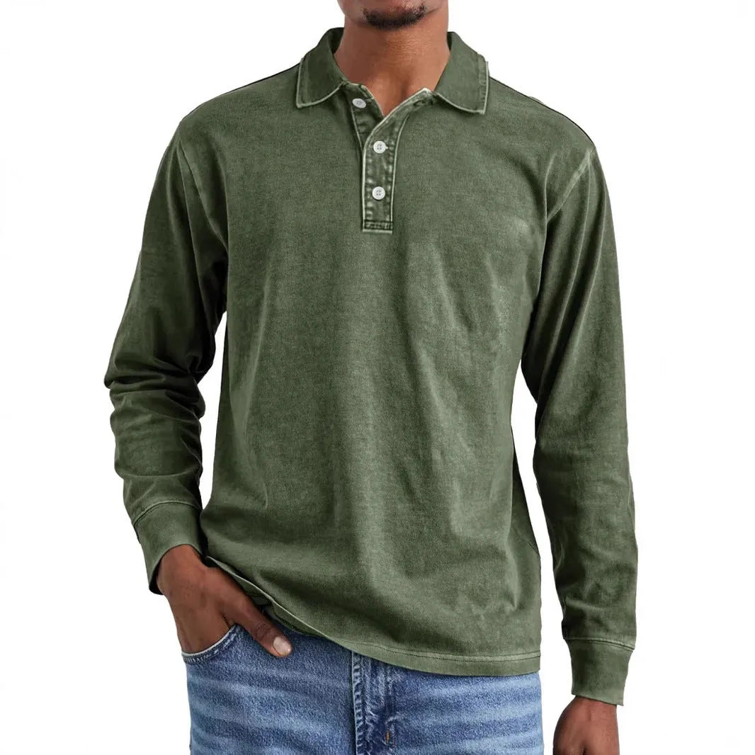 Retro washed distressed cotton lapel polo shirt in long sleeve design on mannequin