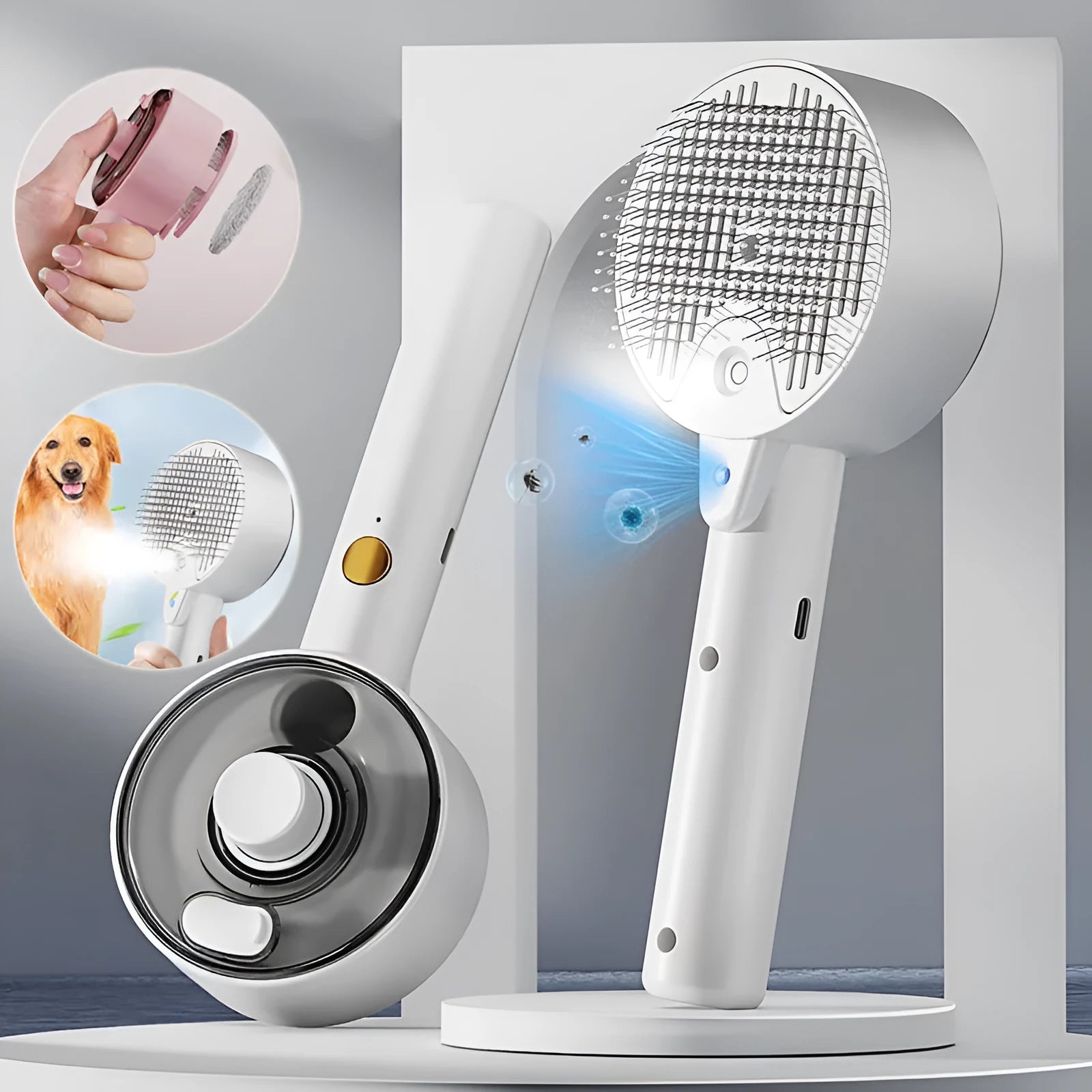 Ceramic white pet grooming brush with UV sterilisation light and spray mist function for dog and cat hair removal