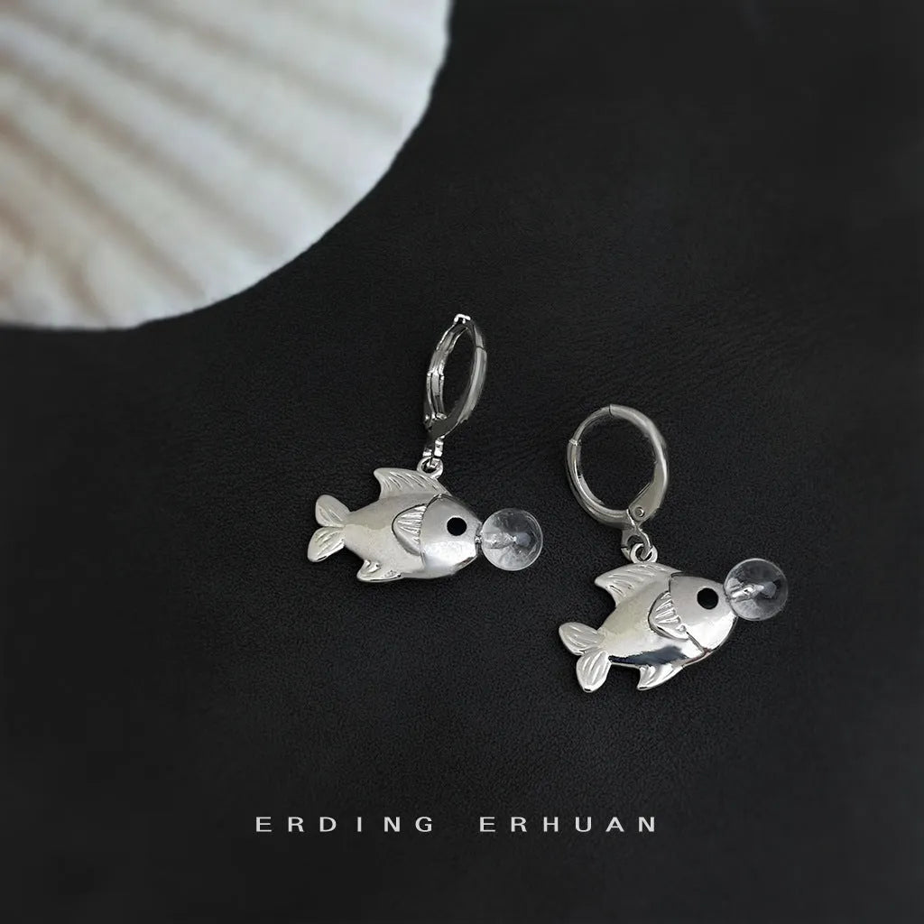 Women's copper fish earrings with goldfish design and bubble electroplating finish