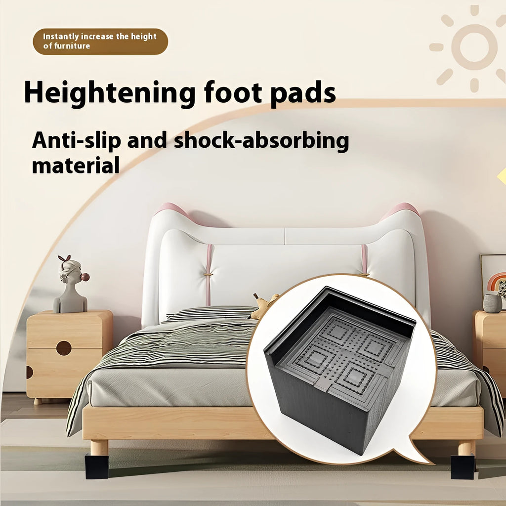 Four black circular plastic bed foot mats for furniture levelling and floor protection