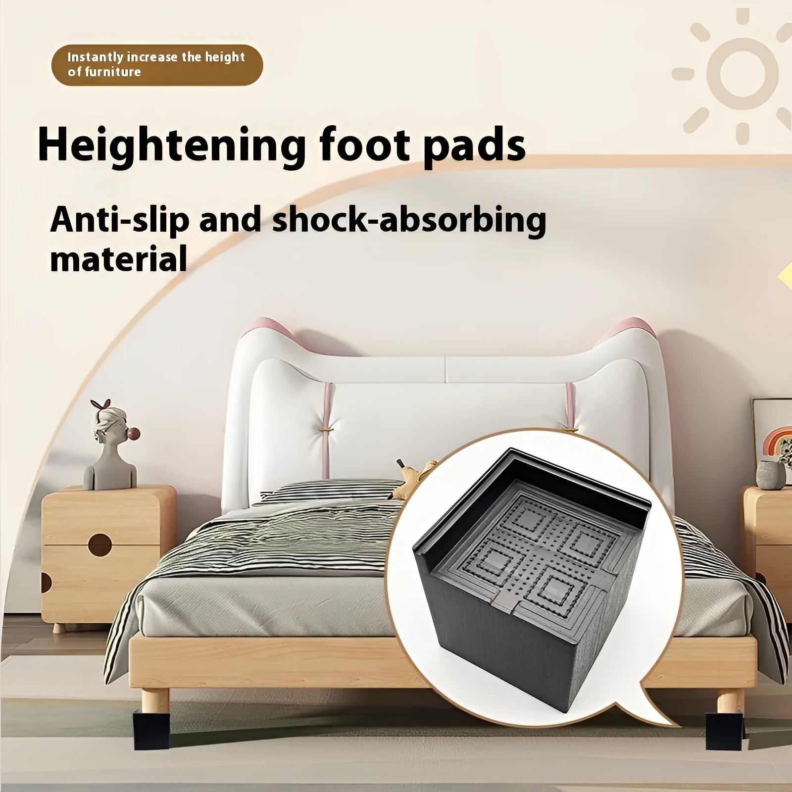 Four black circular plastic bed foot mats for furniture levelling and floor protection