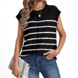 Women's striped sleeveless vest pullover with bone stitch detailing in acrylic knit fabric