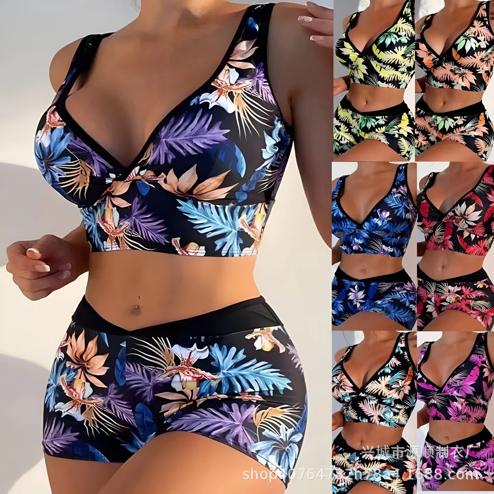 Women's two-piece swimsuit set with sleeveless top and printed boxer-style briefs in multiple colours.