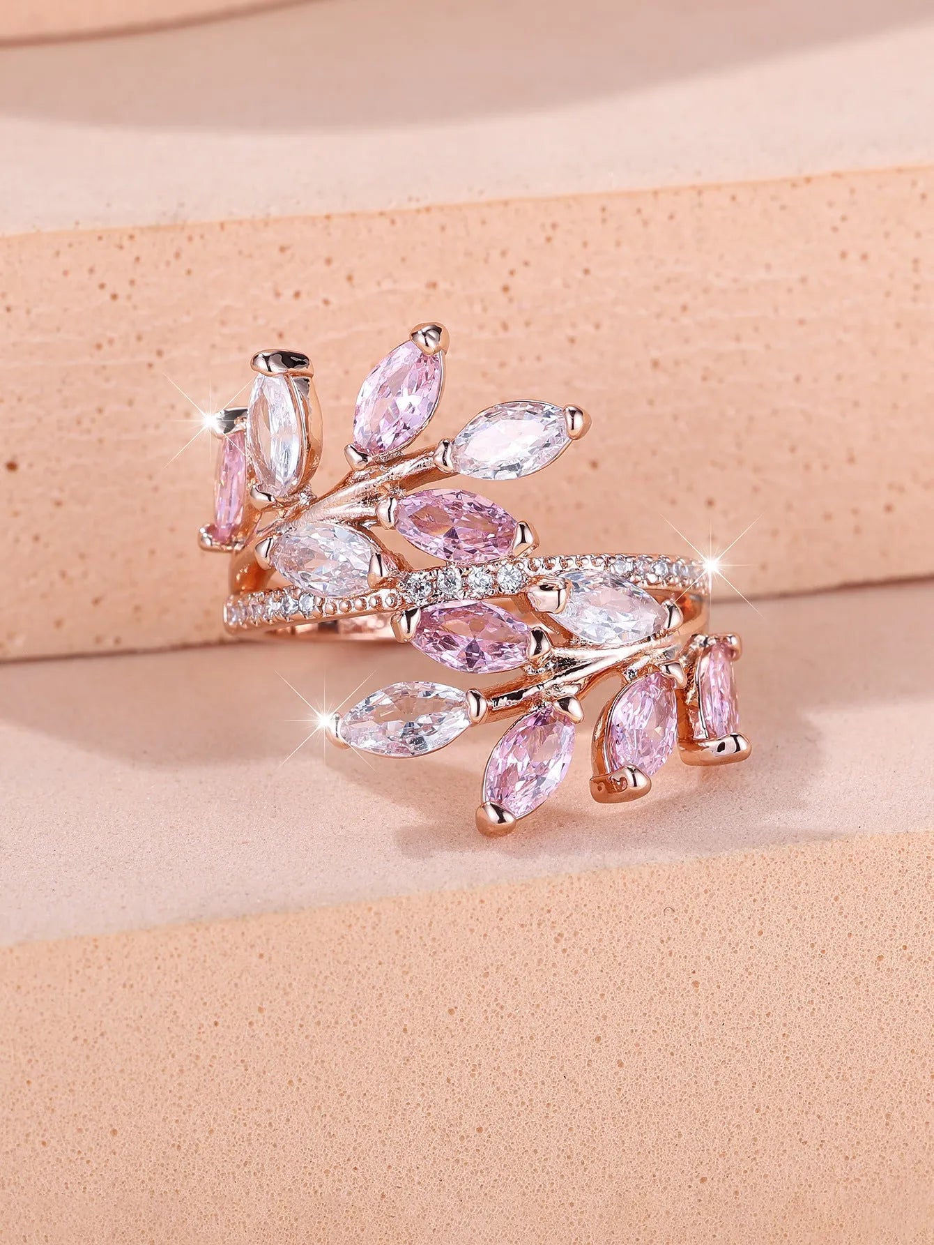Adjustable copper leaf ring with horse eye zircon accents in multiple colour variations