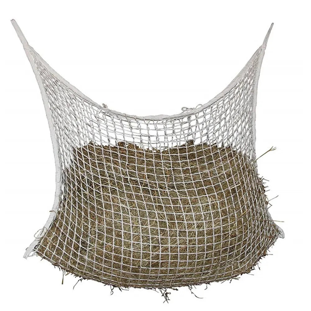 Black woven grid hanging feeding bag for horses and cattle, showing size and rope construction.