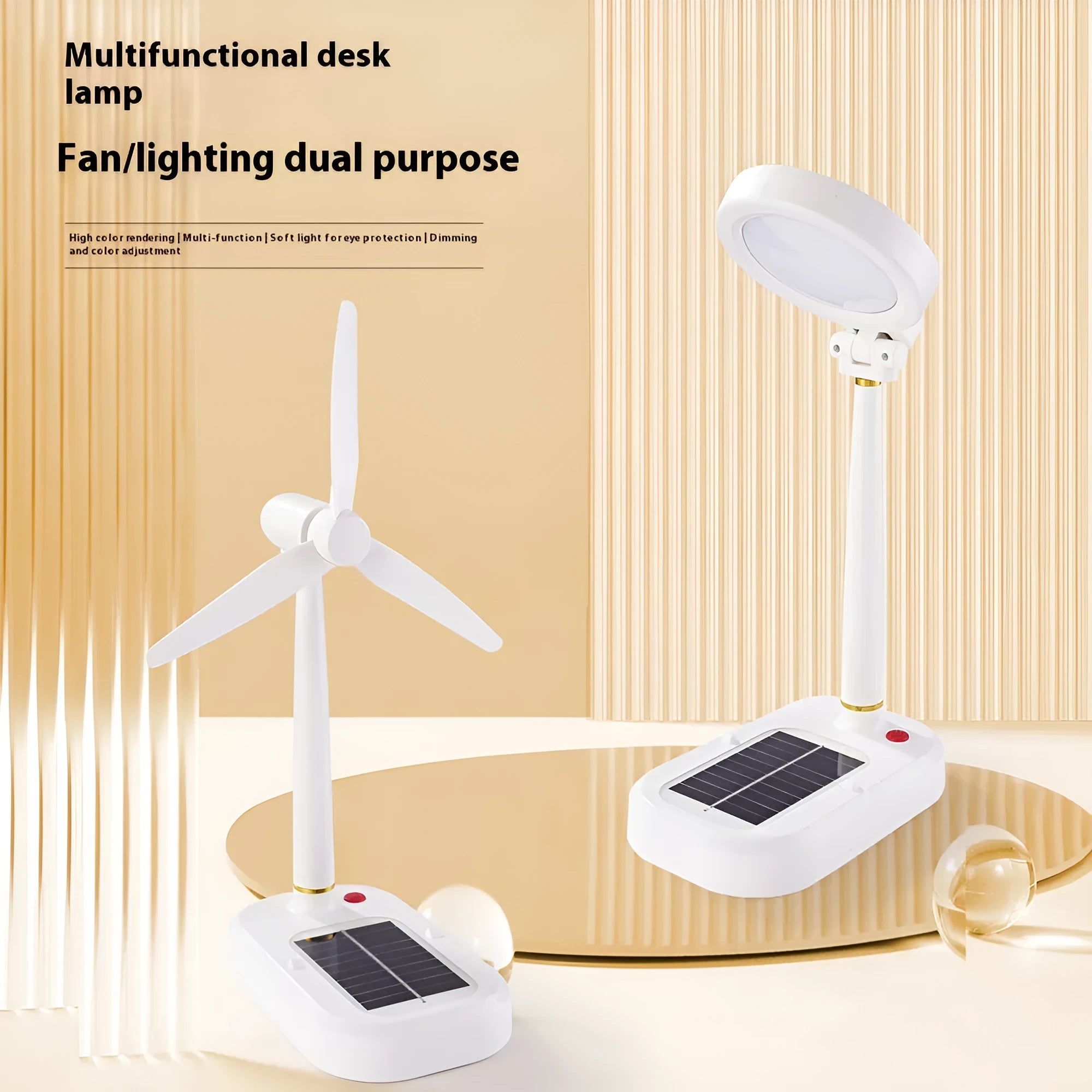 Ivory white solar charging table fan with dual-purpose LED study lamp on desk
