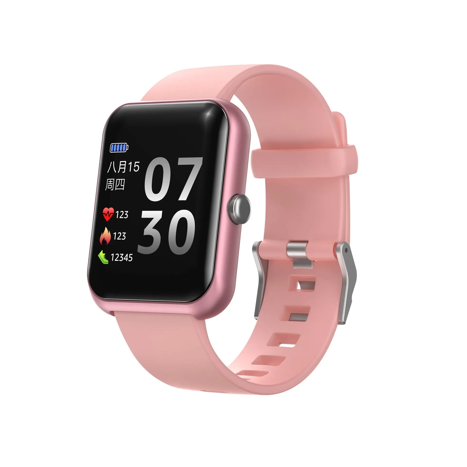 Square dial smart couple bracelet with silicone strap and aluminium case in five colour options.