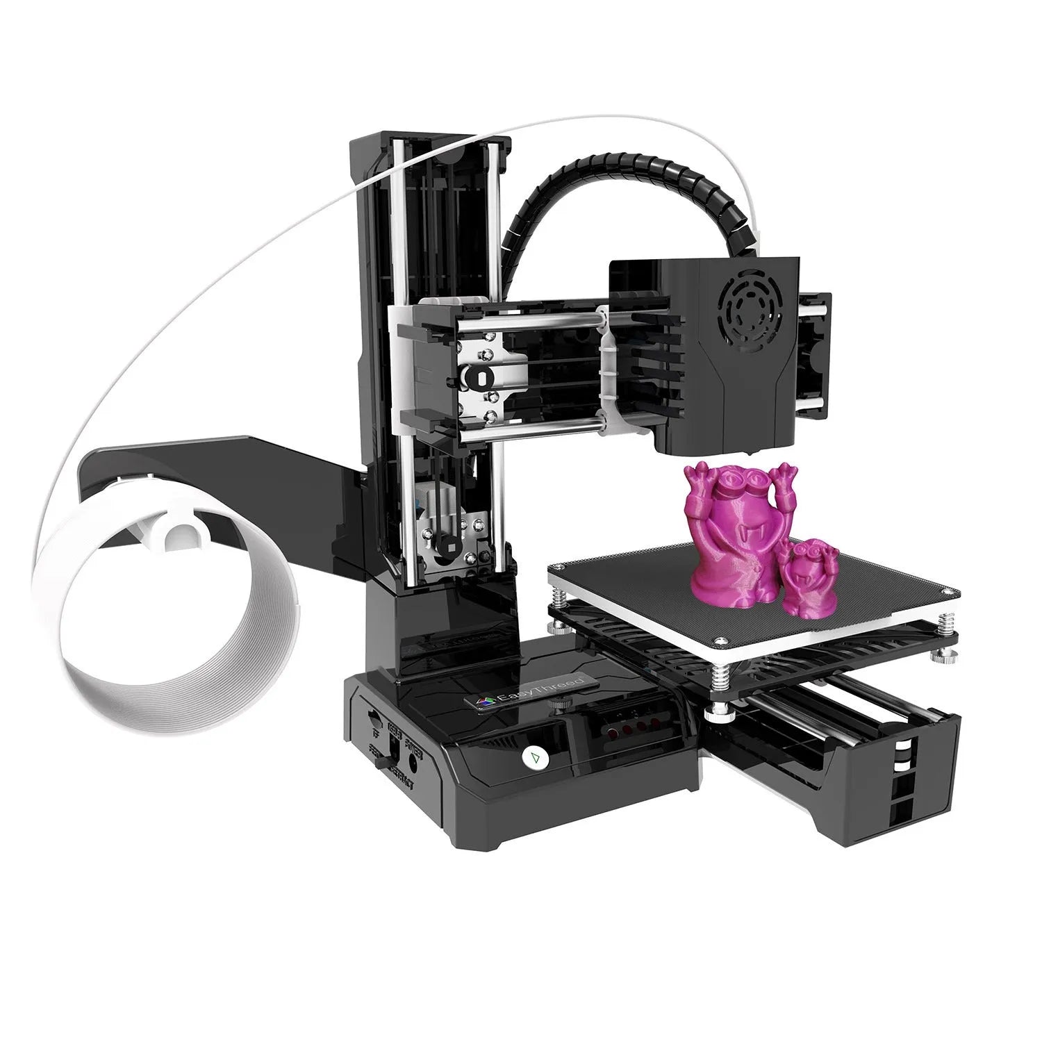 K9 New Mini desktop 3D printer in black or blue colour on a workspace.