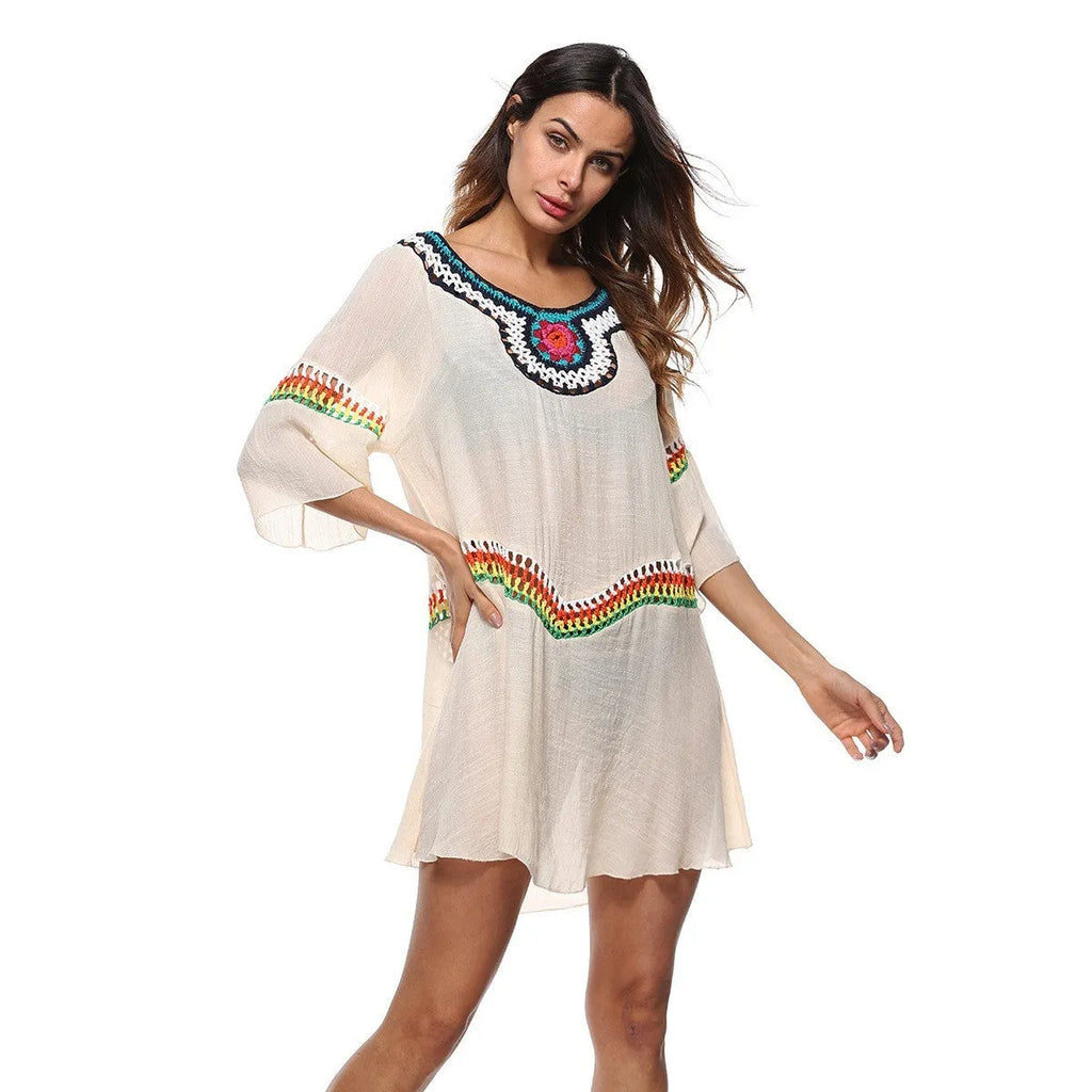 Crocheted ethnic style beach clothing set for women in acrylic fabric with sun protection for swimming