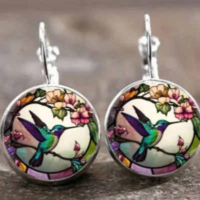 Flying hummingbird time stone glass fashion earrings for women, five style options, gem glass inlay