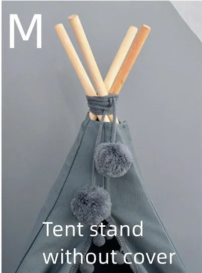Canvas pet tent bed in teepee style with pine wood frame and removable cushion, suitable for cats and small dogs, size L shown.
