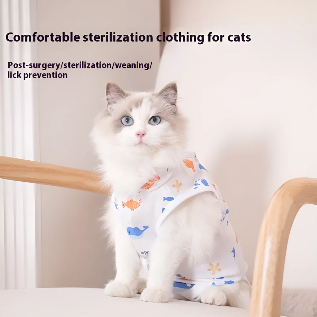 Polyester cat recovery suit with Velcro fasteners for post-sterilisation wound protection in various colours.