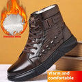 Black and brown genuine leather snow boots with fur lining and rubber sole