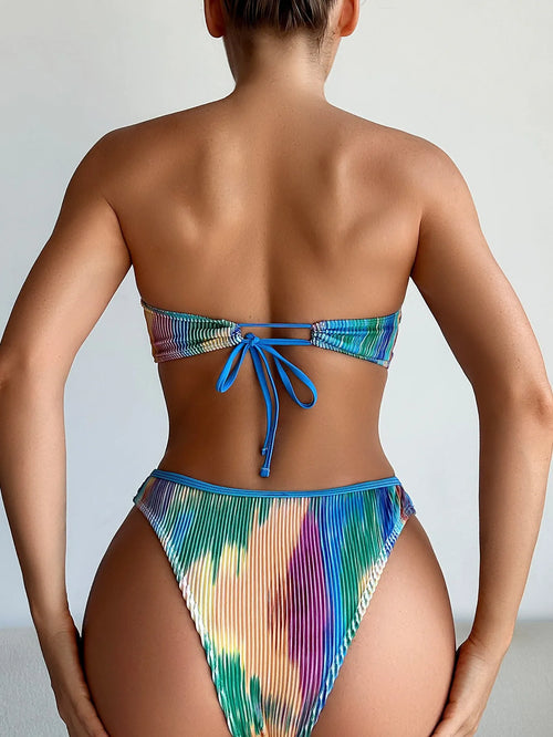 Colour printed polyester bikini set with a tube top and matching briefs.