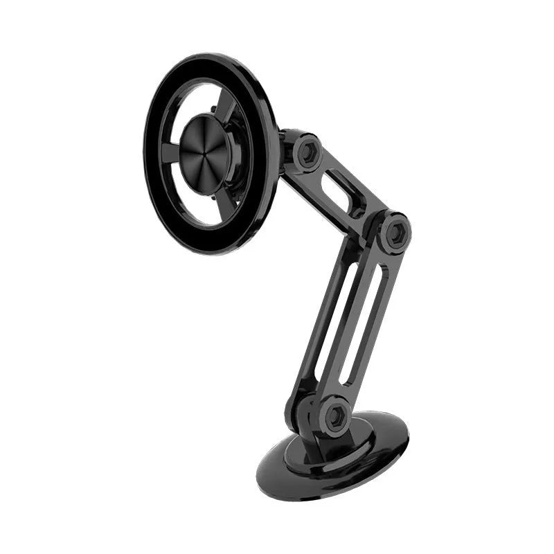 All-metal magnetic car phone holder in black, silver, gold, and rose gold with magnetic rings and adhesive pads.