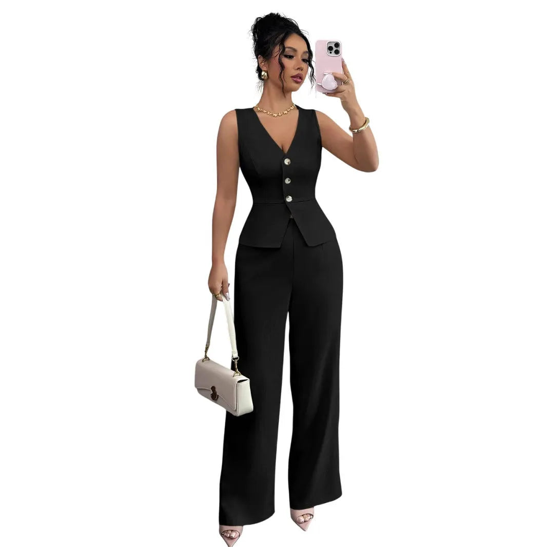 Women's solid colour sleeveless vest and high waist trousers two-piece set in Japanese Korean casual style