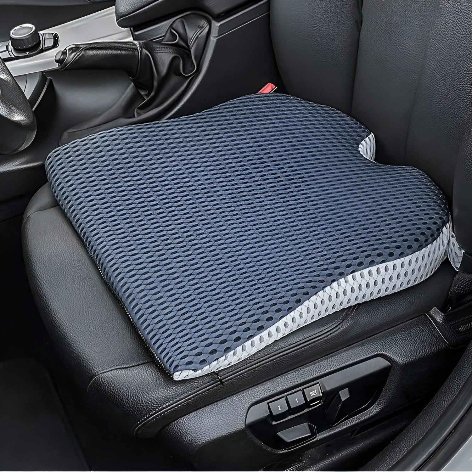 Memory foam car cushion with adjustable strap in regular size on office chair