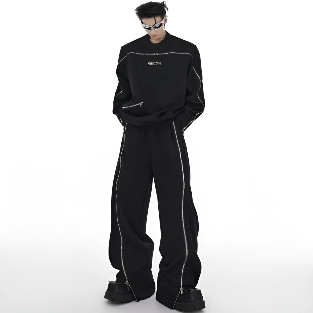 Men's full-body zip padded shoulder round neck tracksuit set in black and grey, loose fit