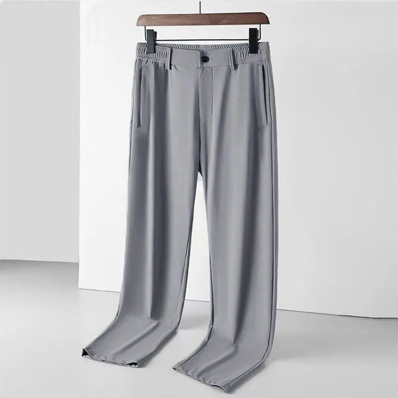 Men's ice silk straight loose trousers with elastic waist in black colour