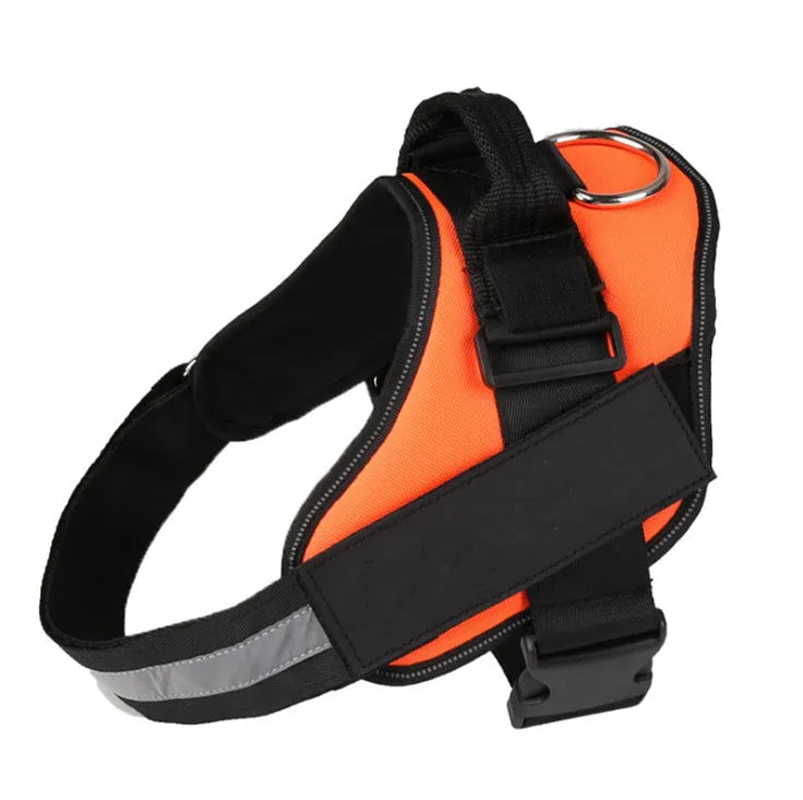 A reflective adjustable dog harness vest shown on a dog, with a handle and D-ring for leash attachment.