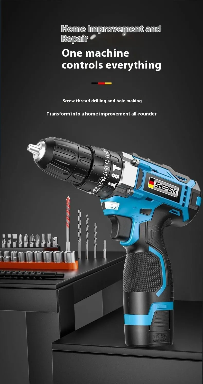 12V dual-speed pistol grip impact drill and electric screwdriver set in a plastic storage case.
