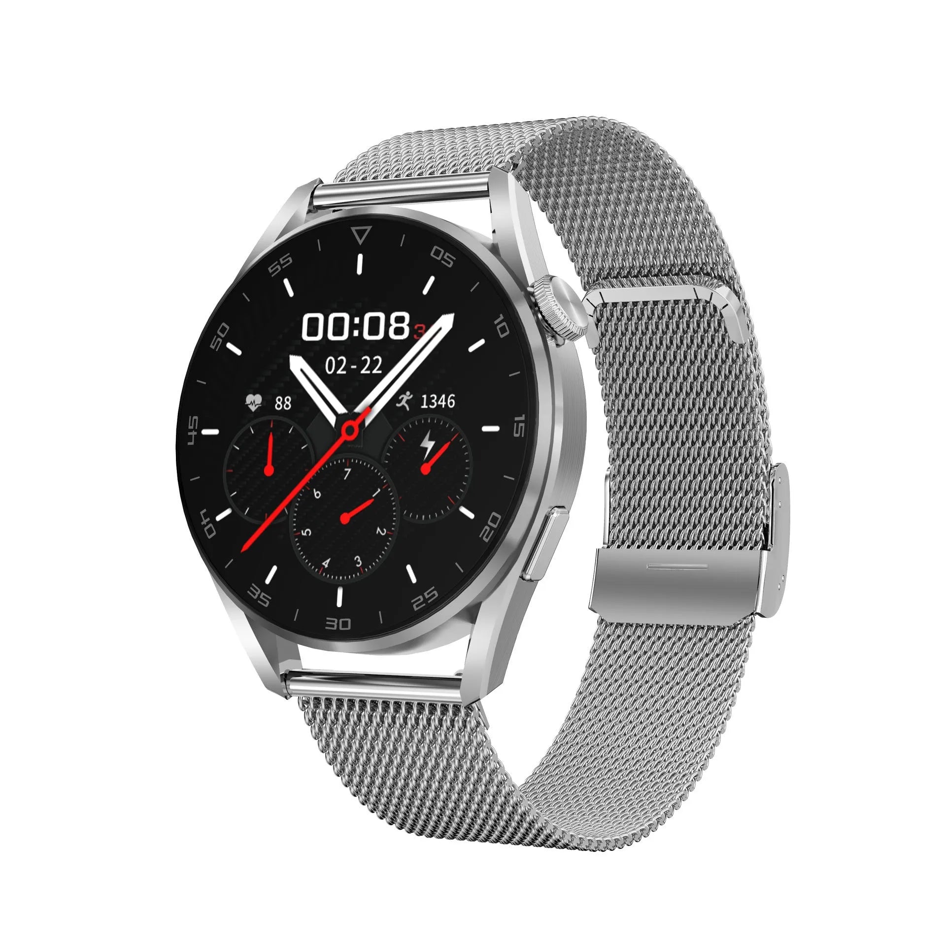 Bluetooth smart watch with metal band and 1.3-inch screen in black or silver colour options