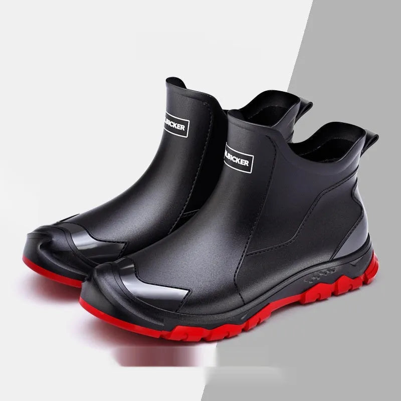 PVC short tube outdoor wading shoes with non-slip soles in black and red colour option