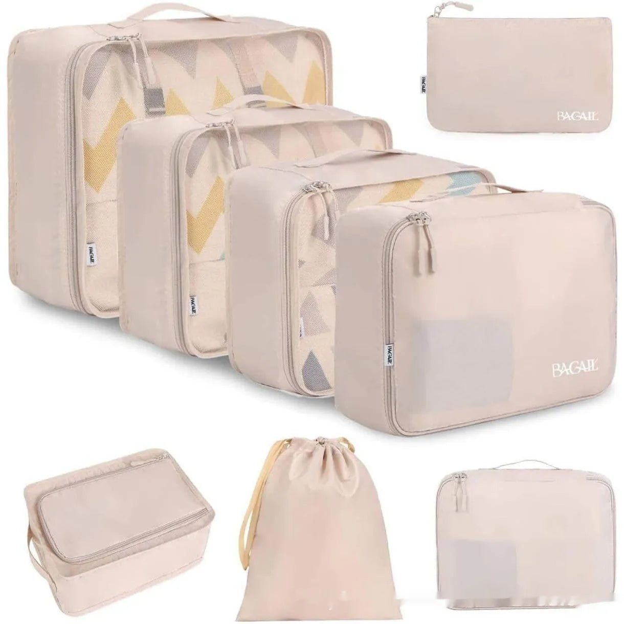 Set of eight cubic travel packing bags for underwear organisation in various colours including solid shades and patterns